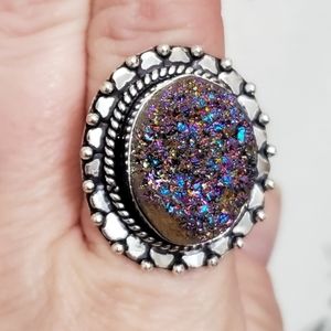 New Titanium Druzy 925 Silver Ring.